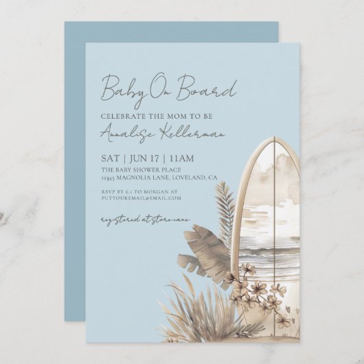 Baby On Board Blue Boho Beach Baby Shower 招待状 (正面/裏面)