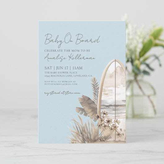 Baby On Board Blue Boho Beach Baby Shower 招待状 (スタンド正面)