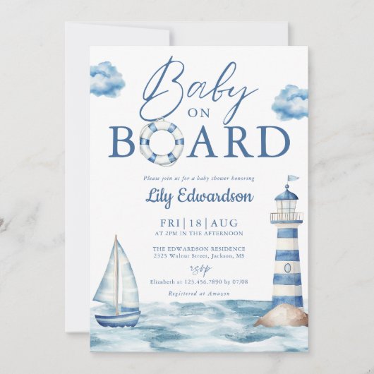 Baby On Board Blue Nautical Baby Shower 招待状 (正面)