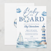 Baby On Board Blue Nautical Baby Shower 招待状 (正面/裏面)
