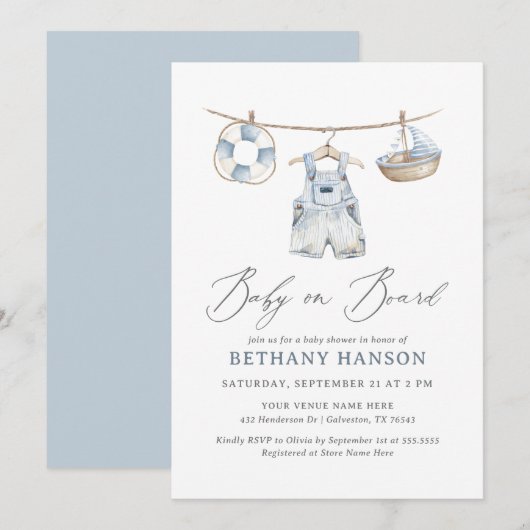 Baby on Board Nautical Baby Shower 招待状 (正面/裏面)