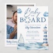 Baby On Board Nautical Shower Photo QR Code 招待状 (正面/裏面)