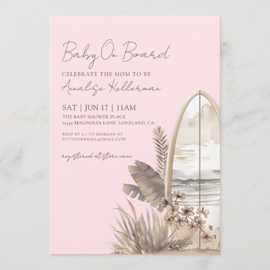 Baby On Board Pink Boho Beach Baby Shower 招待状 (正面)