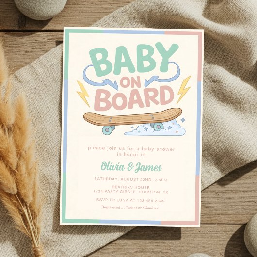 Baby on Board Skateboard Baby Shower party 招待状