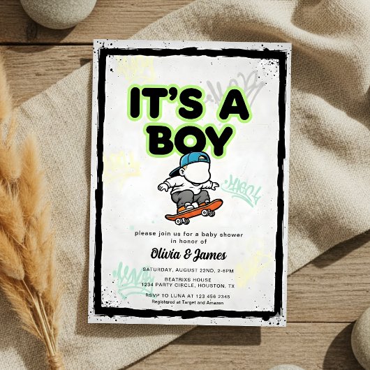 Baby on Board Skateboard Baby Shower party Invitat 招待状