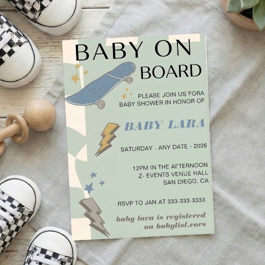 Baby on Board Skateboard Baby Shower party Invitat 招待状