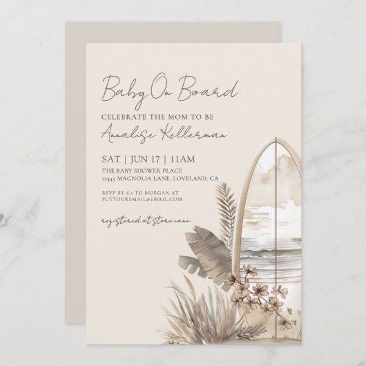 Baby On Board Summer Boho Beach Baby Shower 招待状 (正面/裏面)