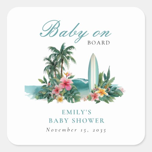 Baby On Board Surf Beach Baby Shower スクエアシール (正面)
