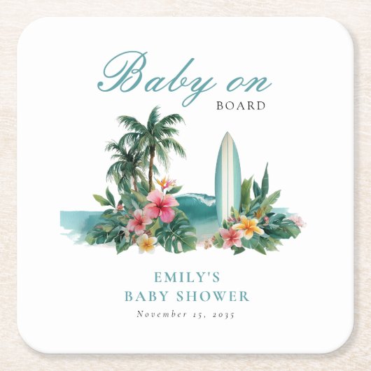 Baby On Board Surf Beach Baby Shower スクエアペーパーコースター (正面)
