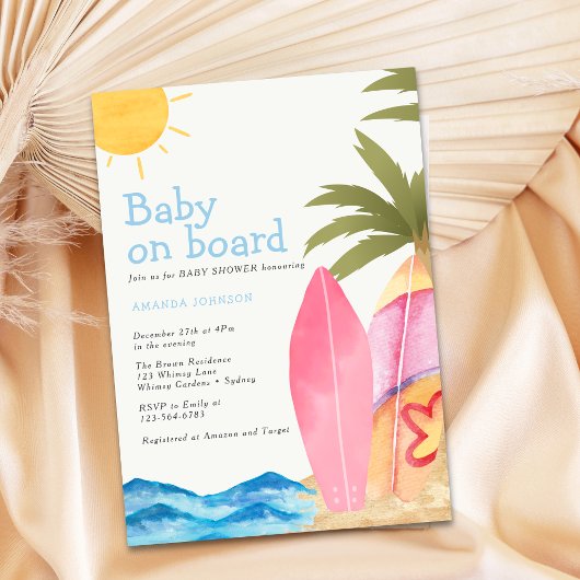 Baby on Board Surfboard Beach Baby Shower 招待状