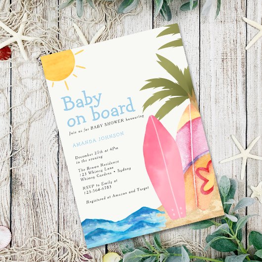Baby on Board Surfboard Beach Baby Shower 招待状