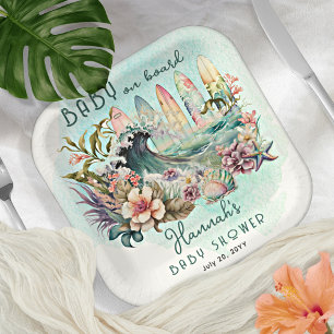 Baby on Board Tropical Surfing Floral Baby Shower ペーパープレート
