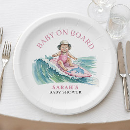 Baby on Board Watercolor Surfing Girl Baby Shower ペーパープレート