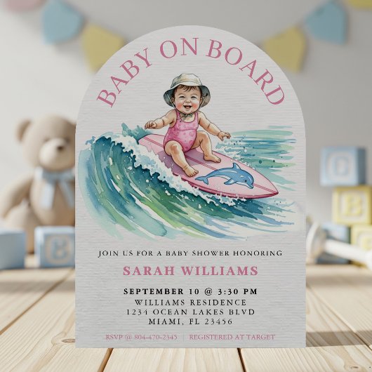 Baby on Board Watercolor Surfing Girl Baby Shower 招待状