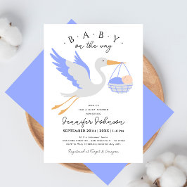Baby on The Way Cute Stork Blue Boy Baby Shower 招待状