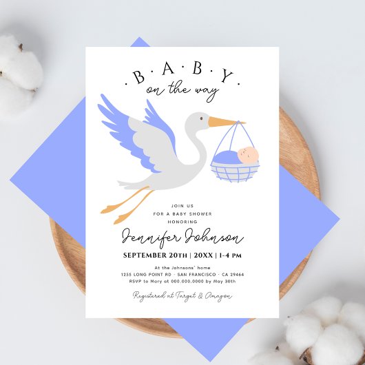 Baby on The Way Cute Stork Blue Boy Baby Shower 招待状