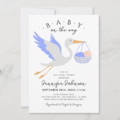 Baby on The Way Cute Stork Blue Boy Baby Shower 招待状 (正面)