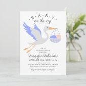 Baby on The Way Cute Stork Blue Boy Baby Shower 招待状 (スタンド正面)