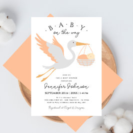 Baby on The Way Cute Stork Pink Girl Baby Shower 招待状