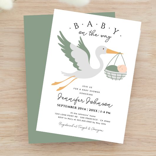 Baby on The Way Cute Stork Sage Green Baby Shower 招待状