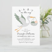 Baby on The Way Cute Stork Sage Green Baby Shower 招待状 (スタンド正面)