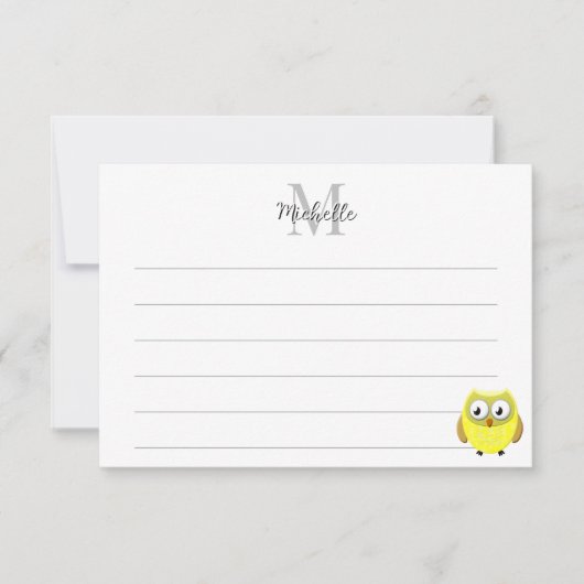 Baby Owl Cartoon Lined Monogram Personalized ノートカード (正面)
