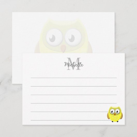 Baby Owl Cartoon Lined Monogram Personalized  ノートカード (正面/裏面)