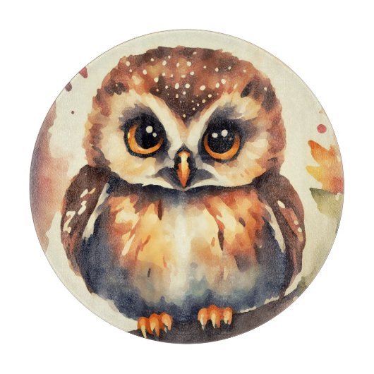 Baby owl created  in watercolors  カッティングボード (正面)