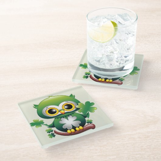 Baby Owl Cute St Patrick Cartoon ガラスコースター (アングル)