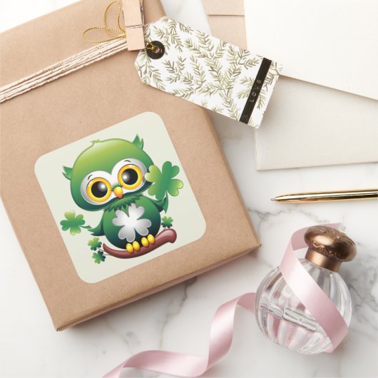Baby Owl Cute St Patrick Cartoon スクエアシール (ギフト)