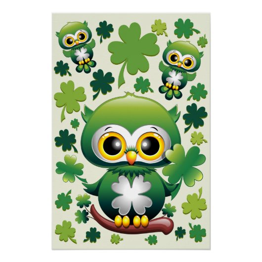 Baby Owl Cute St Patrick Cartoon ポスター (正面)