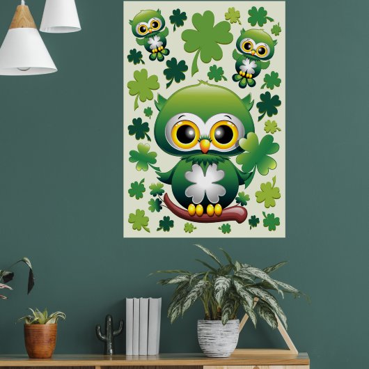 Baby Owl Cute St Patrick Cartoon ポスター (リビング1)
