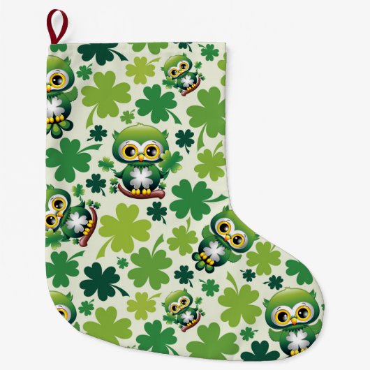 Baby Owl Cute St Patrick Cartoon ラージクリスマスストッキング (正面)