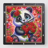 Baby Panda Red Rose スクエア壁時計 (正面)