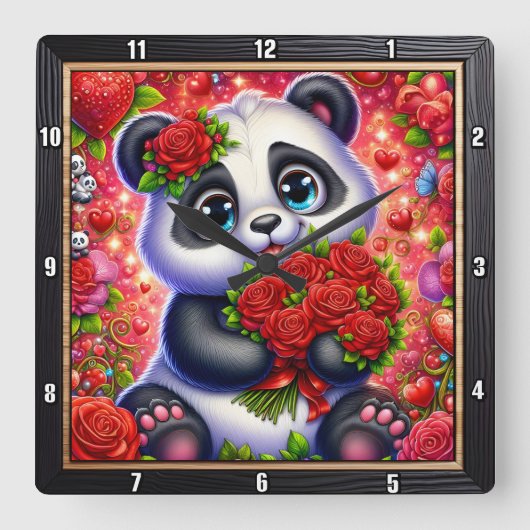 Baby Panda Red Rose スクエア壁時計 (正面)