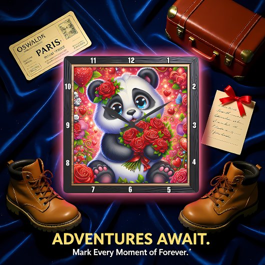 Baby Panda Red Rose スクエア壁時計