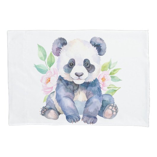 Baby Panda with flowers 枕カバー (正面)