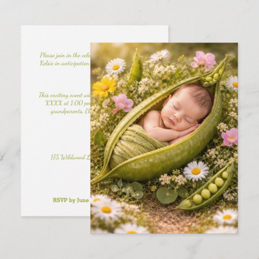 BABY PEA POD DIGITAL DOWNLOAD SHOWER INVITE 招待状 (正面/裏面)