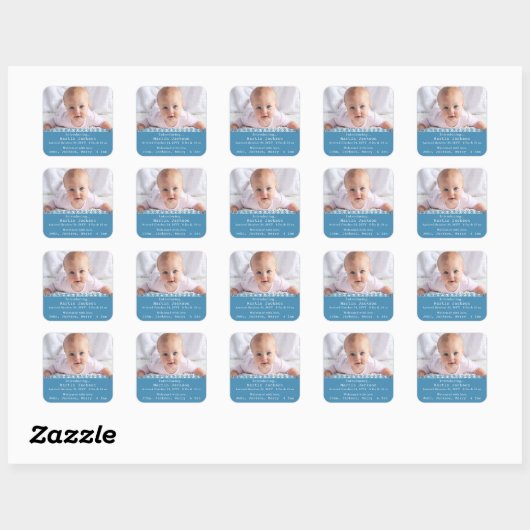 Baby Photo Blue Boy Script Birth Name Announcement スクエアシール (シート)