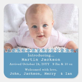 Baby Photo Blue Boy Script Birth Name Announcement スクエアシール