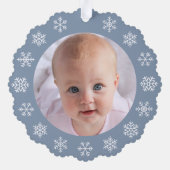 Baby Photo Dusty Blue First Christmas Snowflakes  オーナメントカード (裏面)