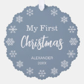 Baby Photo Dusty Blue First Christmas Snowflakes  オーナメントカード (正面)