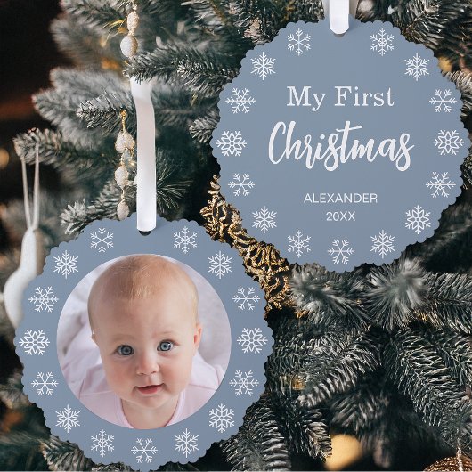 Baby Photo Dusty Blue First Christmas Snowflakes  オーナメントカード