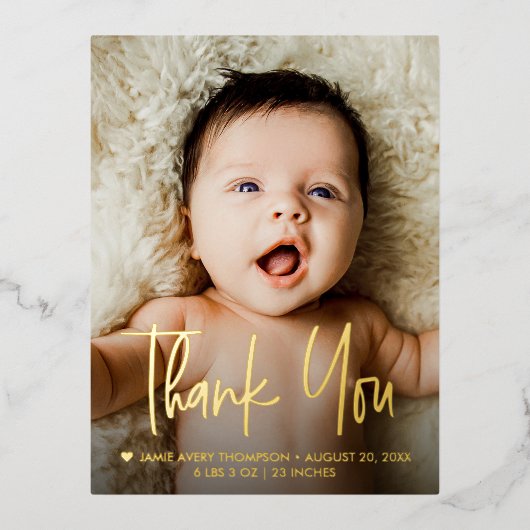 Baby Photo Handlettering Thank you Modern Birth  箔シーズンポストカード (正面)
