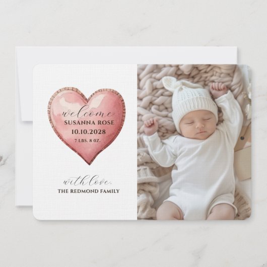 Baby Photo Modern Heart Birth Announcement Card 案内状 (正面)