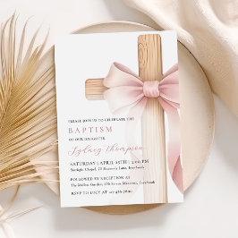Baby Pink Bow Cross Girl Baptism 招待状