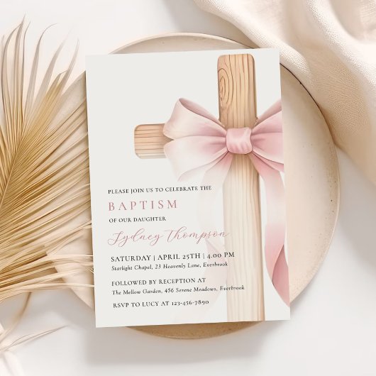 Baby Pink Bow Cross Girl Baptism 招待状