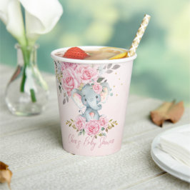 Baby Pink Floral Cute Elephant Baby Shower 紙コップ
