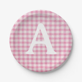 Baby Pink Gingham Custom Initial ペーパープレート