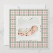 Baby plaid Sage green pink Announcement Card 案内状 (正面)